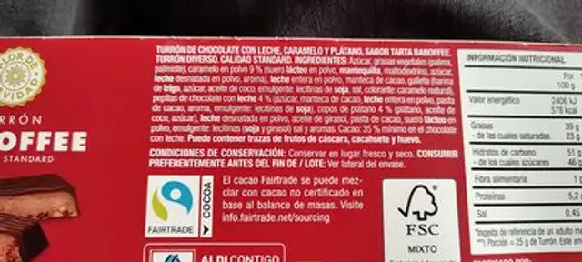 Turrón Banoffee Calidad Standard ingredients label