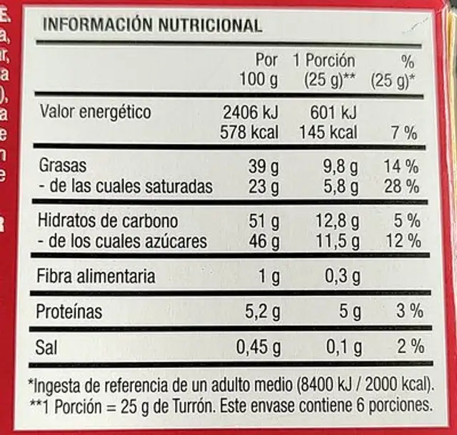 Turrón Banoffee Calidad Standard nutrition facts table