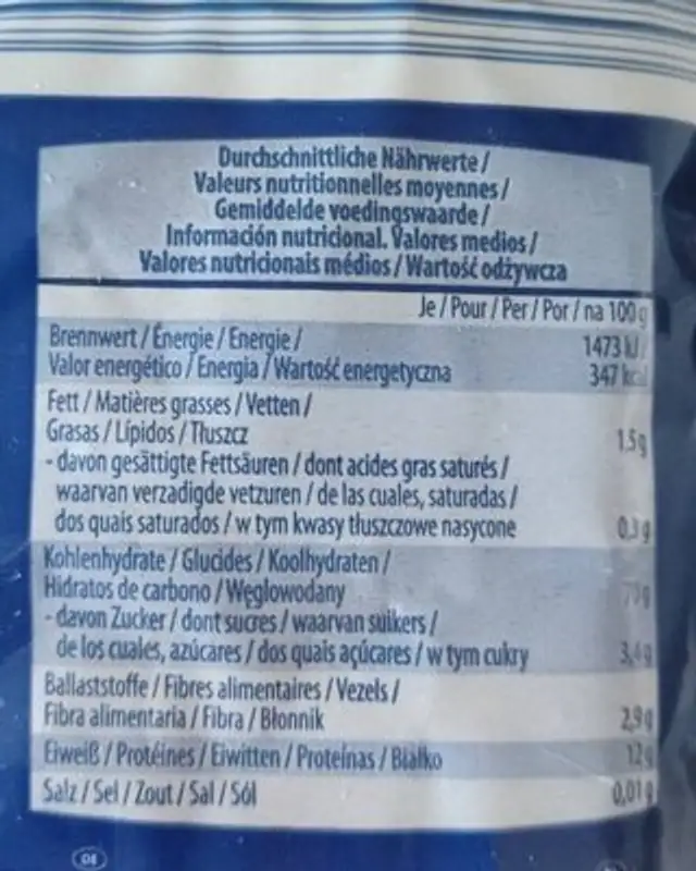 Farfalle nutrition facts table