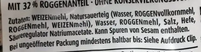 Roggenmischbrot Schnitten ingredients label