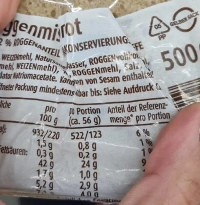 Roggenmischbrot Schnitten nutrition facts table