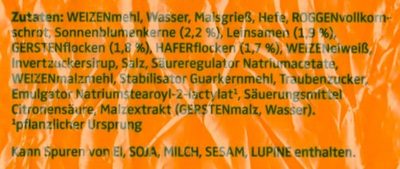 Körner Balance Toastbrötchen ingredients label