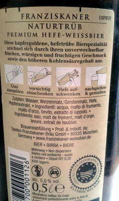Franziskaner Premium Weissbier Naturtrüb ingredients label