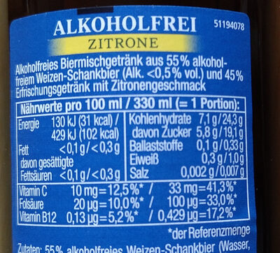 Weissbier Alkoholfrei Zitrone nutrition facts table