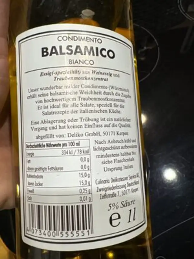 Balsamico Bianco Condimento ingredients label