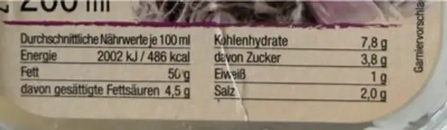 Aioli creme nutrition facts table