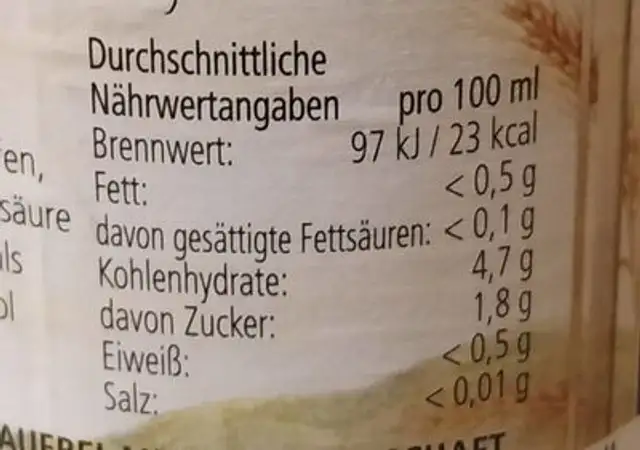 Mönchshof Original Naturtrüb's Alkoholfrei nutrition facts table