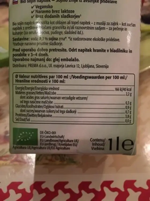 Bio Soya-Drink Unsweetened ingredients label