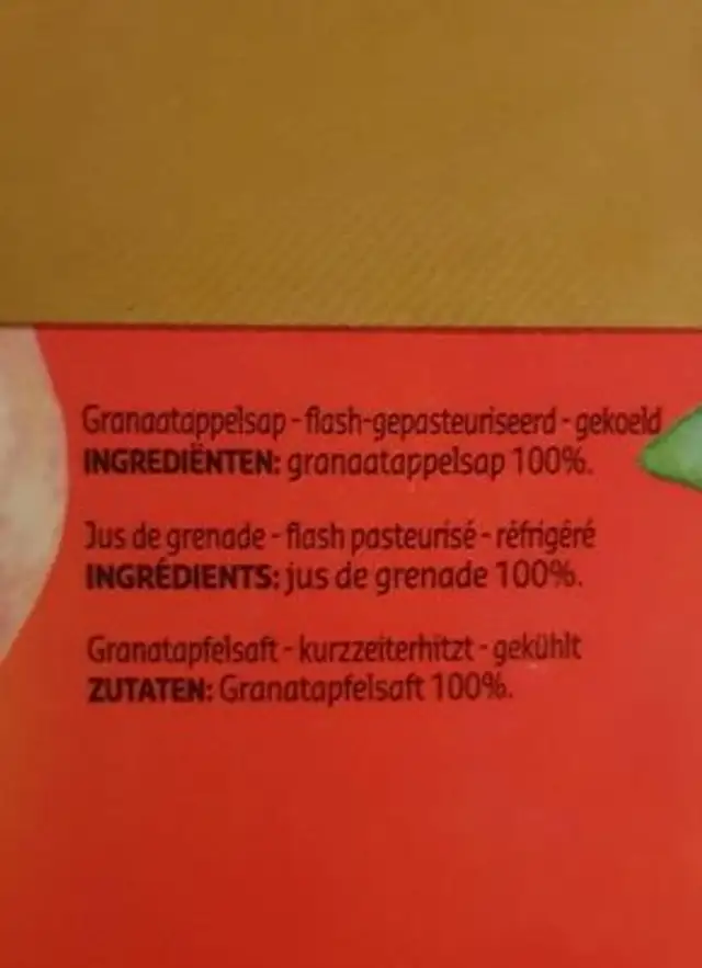 Granaatappel Super Fruit ingredients label