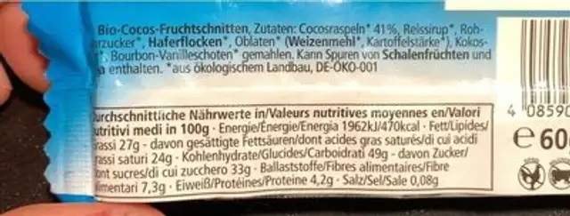 Vitana Cocos Fruchtschnitte, 60 GR Stück nutrition facts table