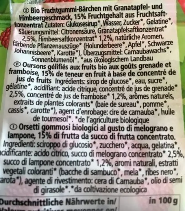 Oursons gummy ingredients label