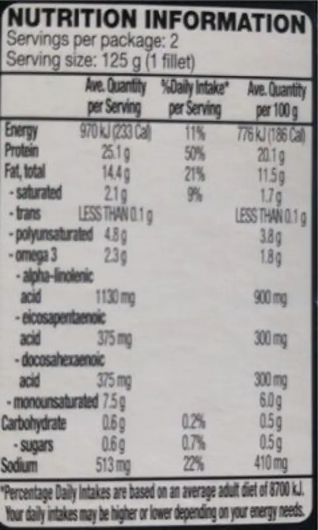 Mixed Herb Atlantic Salmon Fillets nutrition facts table