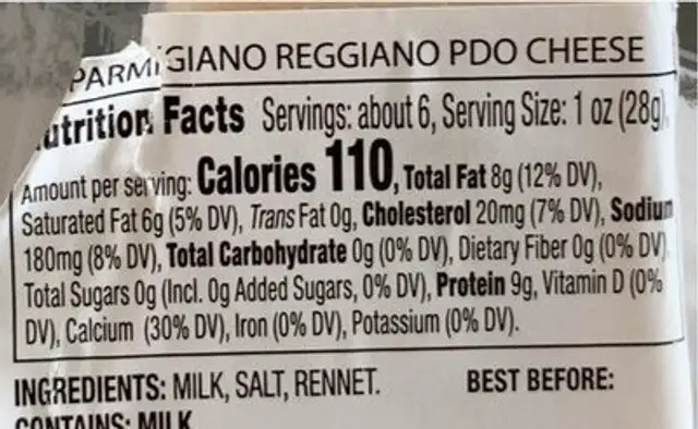 Parmigiano Reggiano nutrition facts table