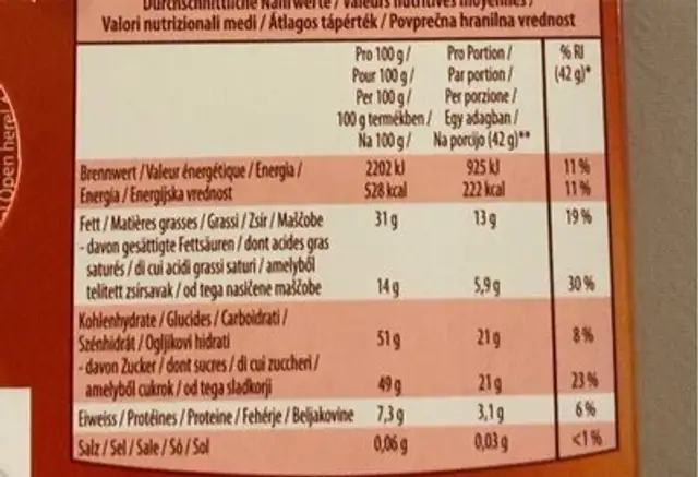 Moser roth nutrition facts table