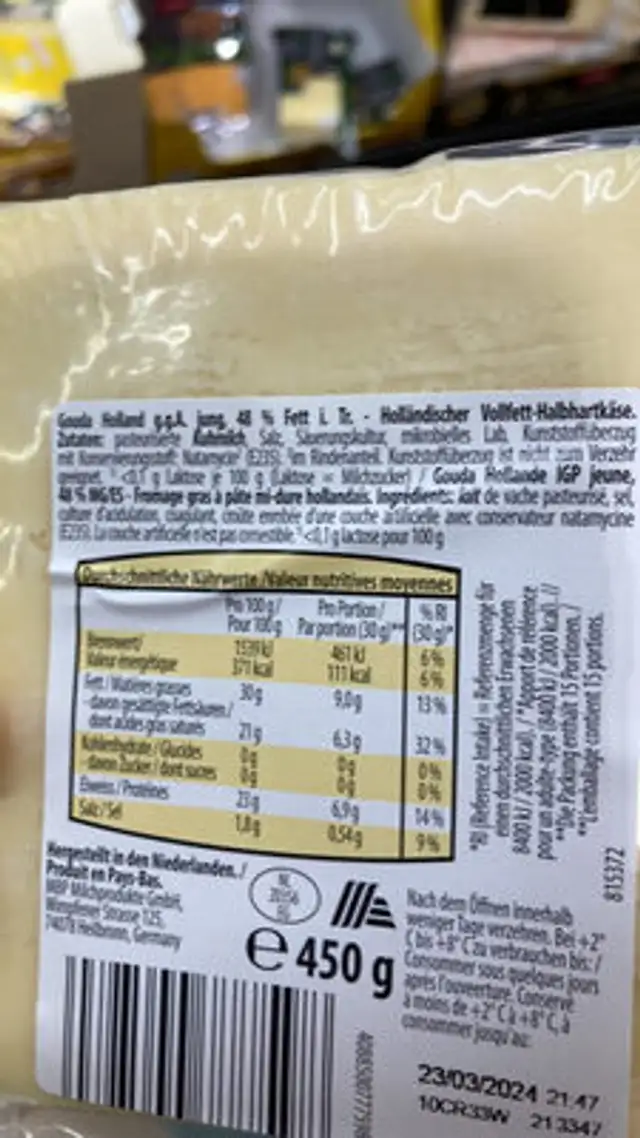 Gouda ingredients label