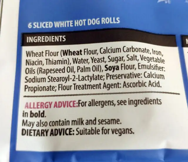 Hot Dog Sliced Rolls ingredients label