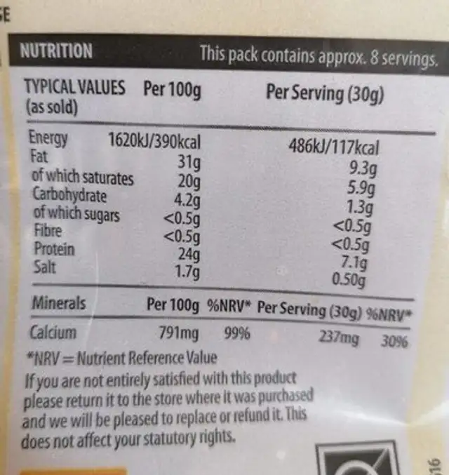 Grated mature white Cheddar nutrition facts table