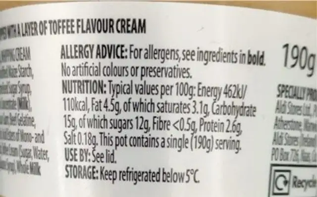 toffee dessert nutrition facts table