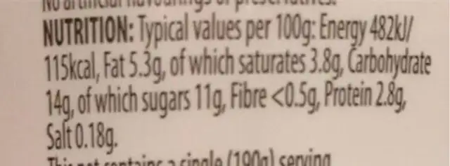 Vanilla dessert nutrition facts table