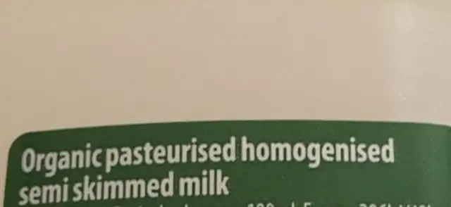 Organic semi skimmed milk ingredients label