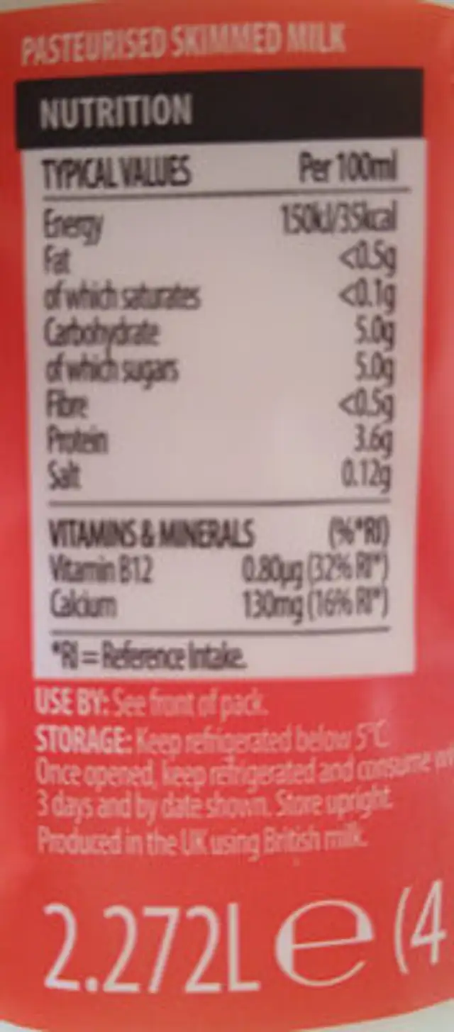 British Skimmed Milk nutrition facts table
