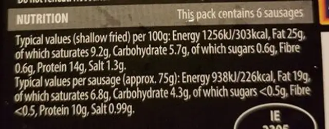 Jumbo irish sausages nutrition facts table