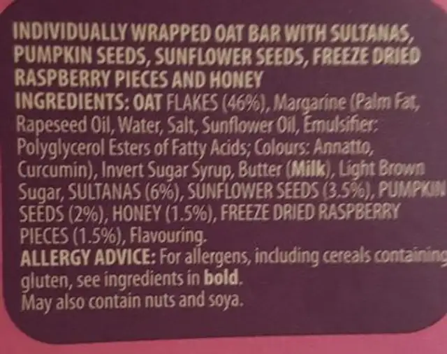 Raspberry & honey porridge oat bars ingredients label
