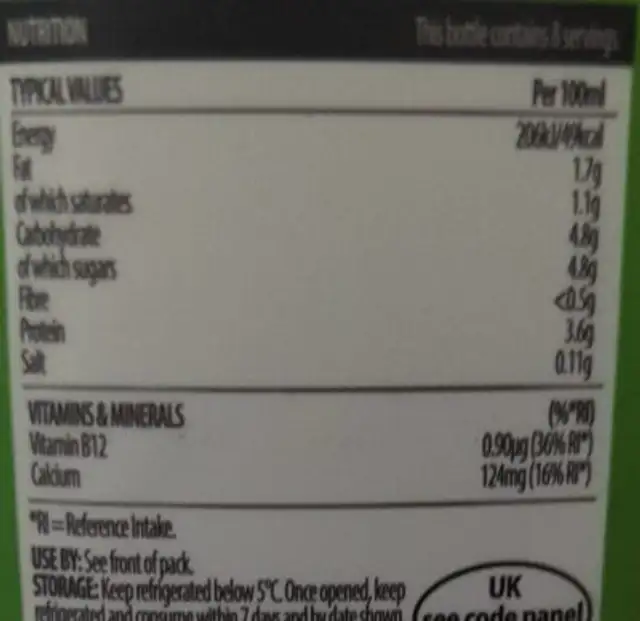 Filtered semi-skimmed Milk nutrition facts table