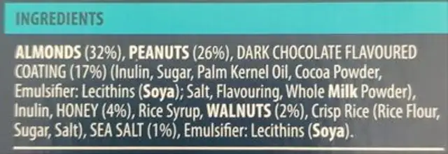 Nut bars with Dark Chocolate coating and sea salt ingredients label