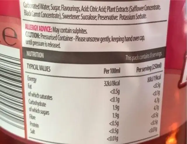 Red lemonade nutrition facts table