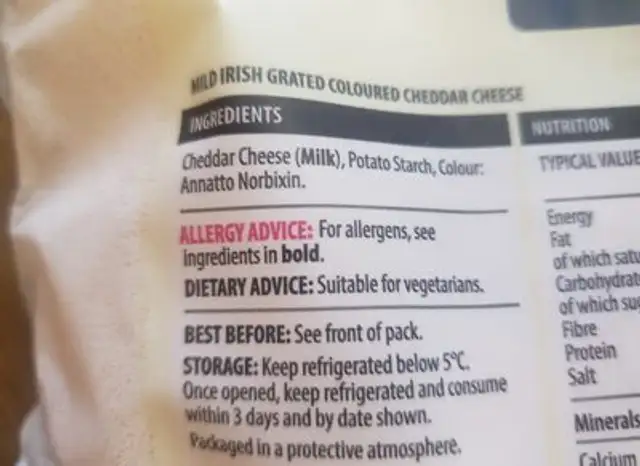 Cheese ingredients label