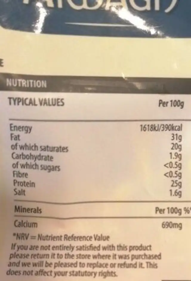 Cheese nutrition facts table