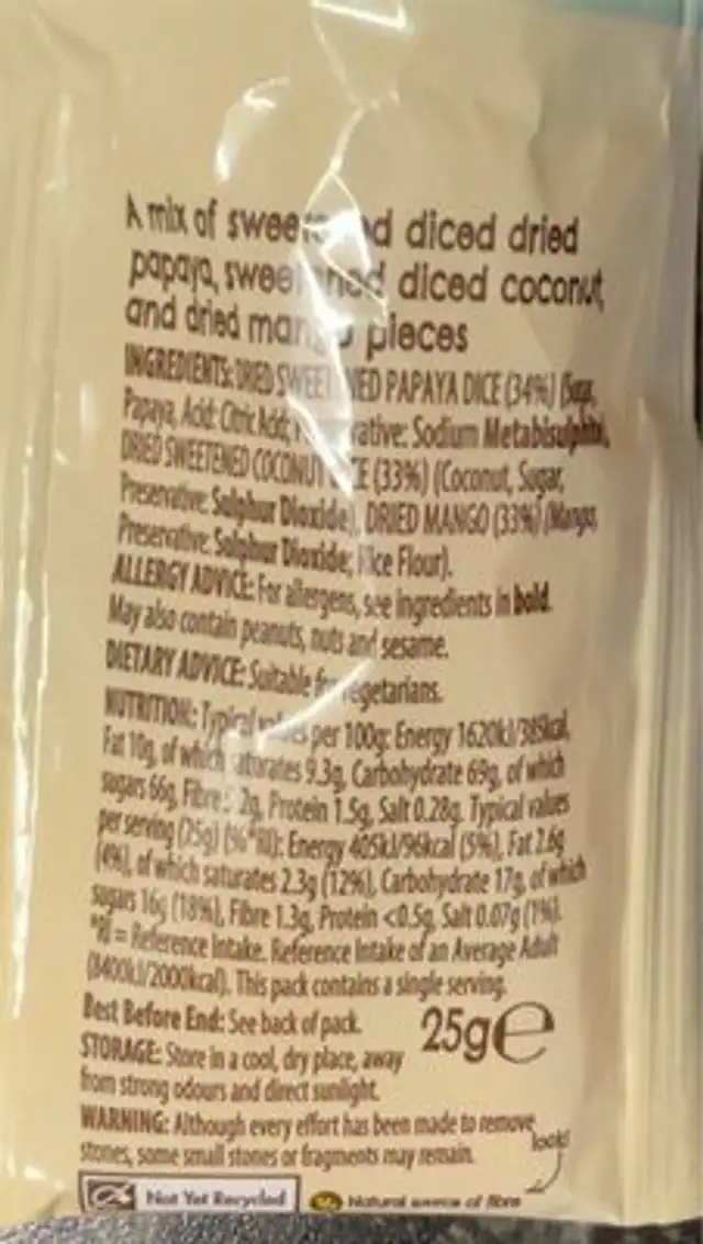 Exotic coconut mix nutrition facts table