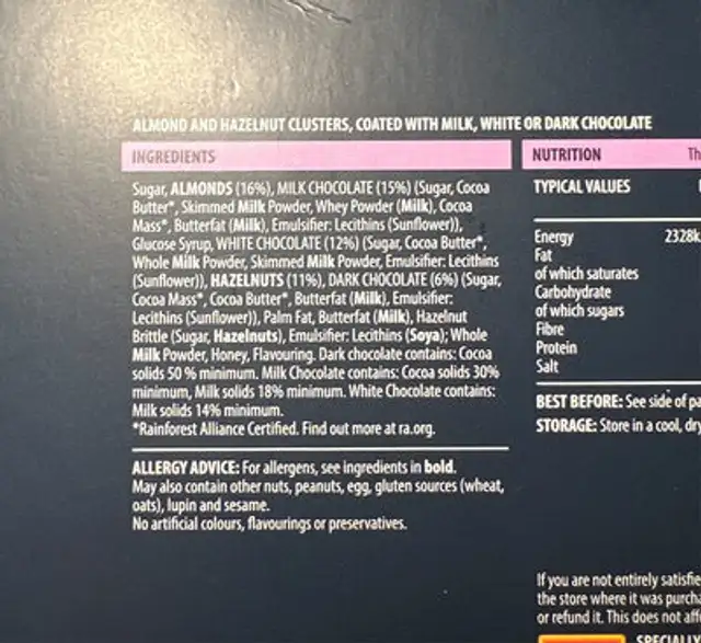 Almond hazelnut chocolate florentines ingredients label