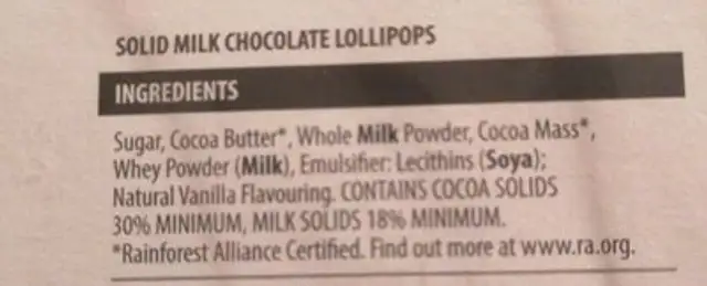 Chocolate lolly ingredients label