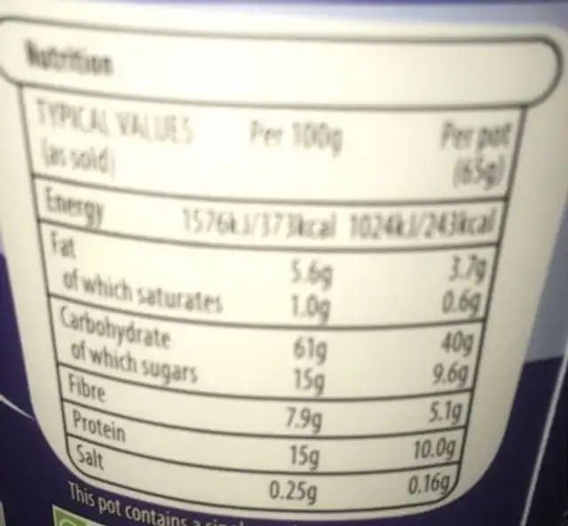 Apple and blueberry flavour porridge pot nutrition facts table