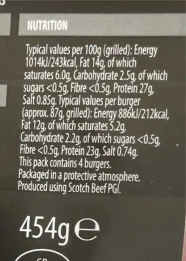 Aberdeen angus burger nutrition facts table