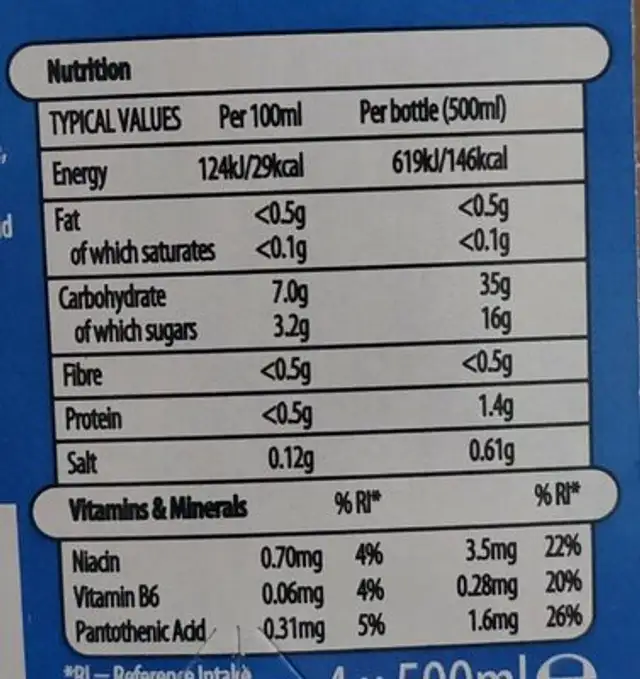 Xplosade Sport Orange nutrition facts table
