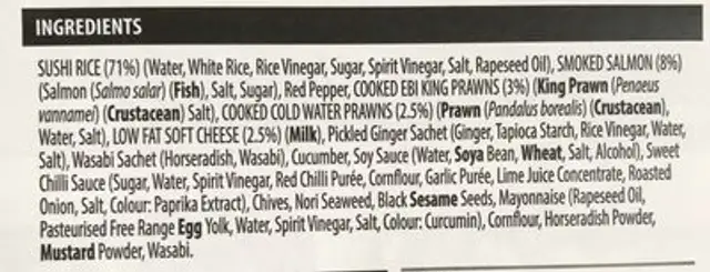Fish sushi ingredients label