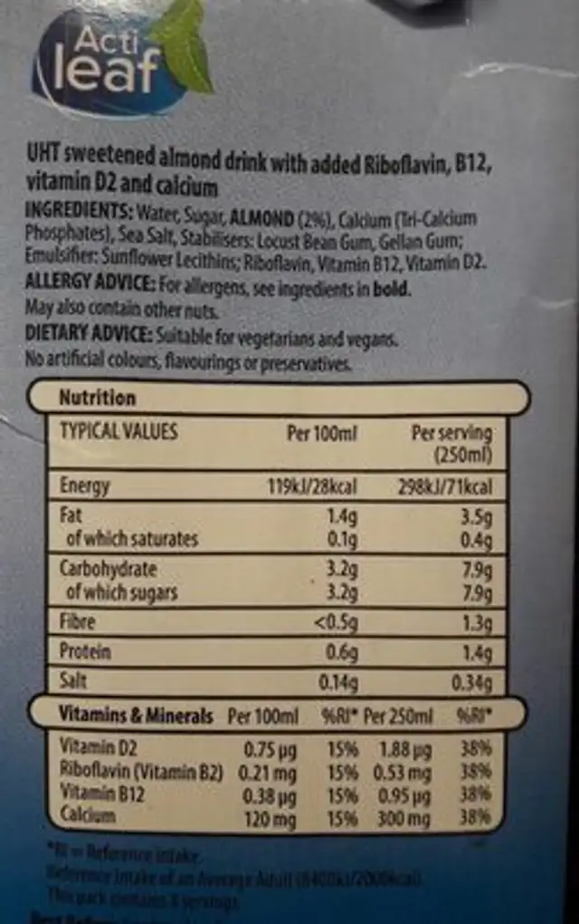 Acti leaf Almond original milk nutrition facts table