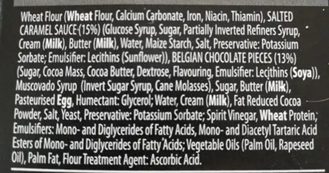 Chocolate & Salted caramel bombe ingredients label