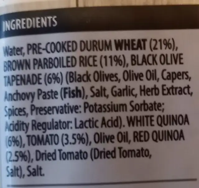 Tomato & Olive Quinoa ingredients label