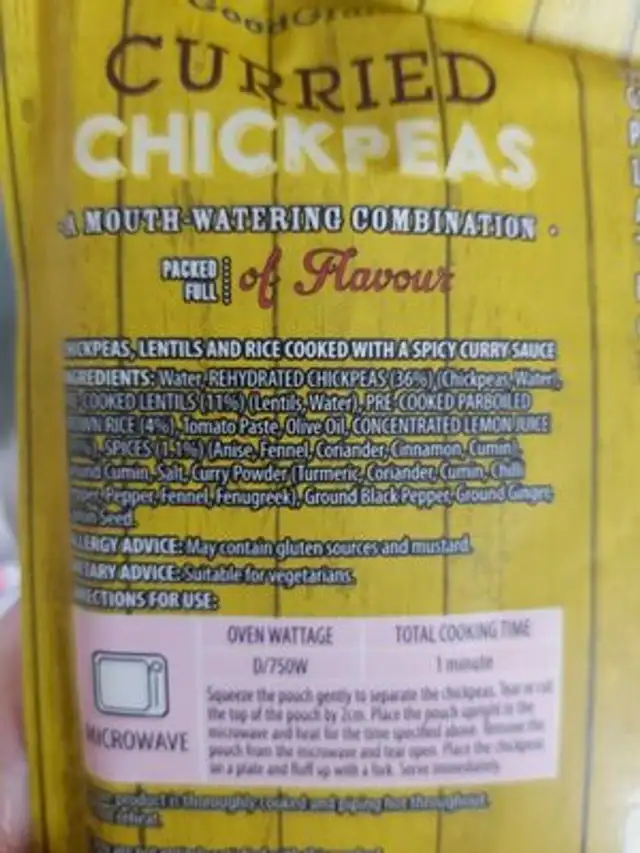Curried chickpeas ingredients label