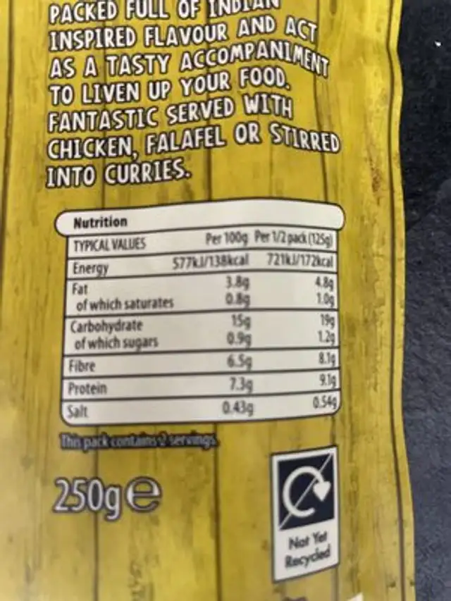 Curried chickpeas nutrition facts table