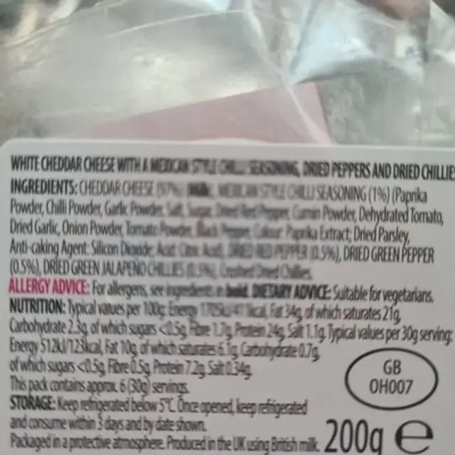 Spicy Cheddar with Chilli ingredients label