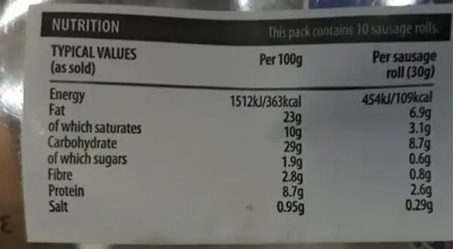 10 snack sausage rolls nutrition facts table