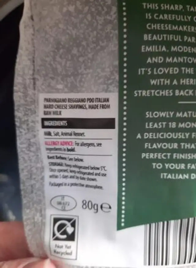 Parmigiano reggiano ingredients label