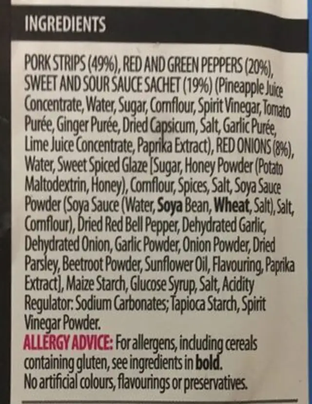 Meal Kit Sweet and Sour pork stir fry ingredients label