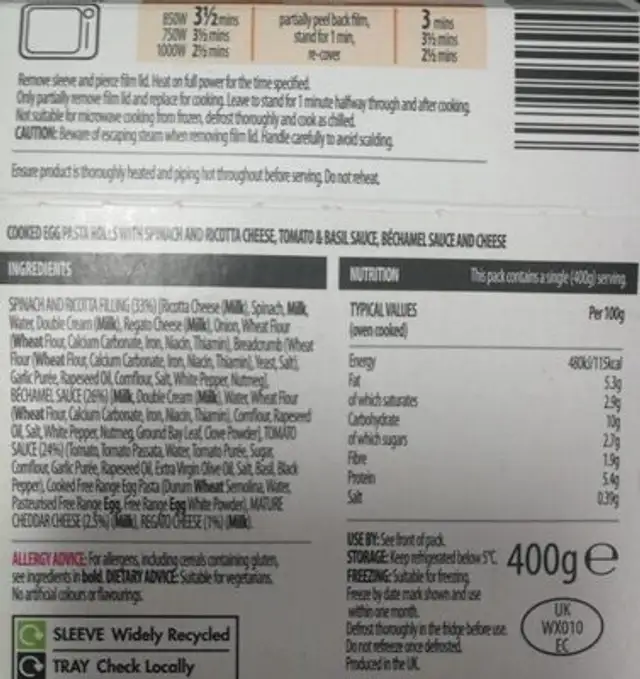 Spinach and ricotta cannelloni nutrition facts table