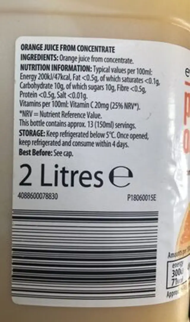 Pure orange juice nutrition facts table